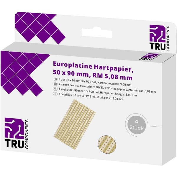 TRU COMPONENTS Eurokort Laminerat papper (L x B) 90 mm x 50 mm 35 µm Rastermått 5.08 mm Innehåll 4 st
