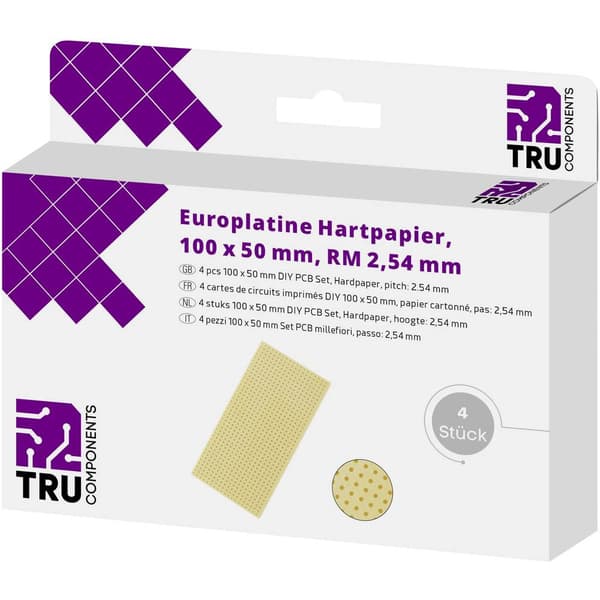TRU COMPONENTS Eurokort utan Cu-lager Laminerat papper (L x B) 100 mm x 50 mm 35 µm Rastermått 2.54 mm Innehåll 4 st