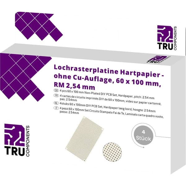 TRU COMPONENTS Eurokort utan Cu-lager Laminerat papper (L x B) 100 mm x 60 mm 35 µm Rastermått 2.54 mm Innehåll 4 st