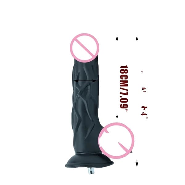 Sexmaskinsfäste, VAC-U-Lock, stora svarta och hudfärgade dildos.