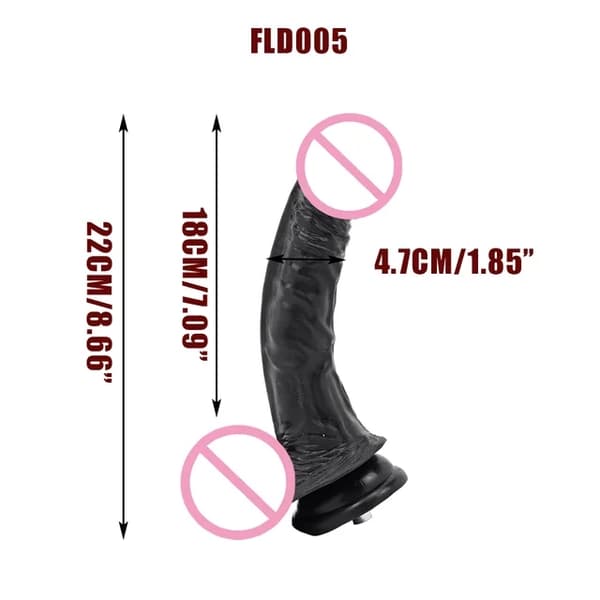 Sexmaskinsfäste, VAC-U-Lock, stora svarta och hudfärgade dildos.