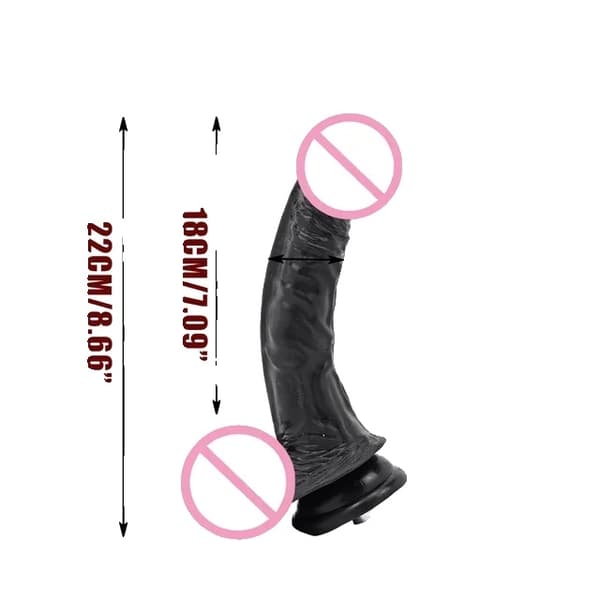 Sexmaskinsfäste, VAC-U-Lock, stora svarta och hudfärgade dildos.