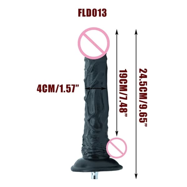 Sexmaskinsfäste, VAC-U-Lock, stora svarta och hudfärgade dildos.
