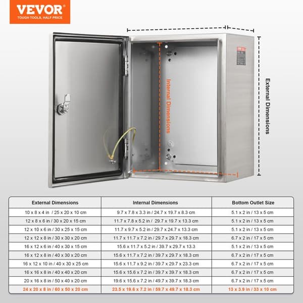 Elbox i rostfritt stål-VEVOR-60x50x20 cm-Låsgångjärn för elektrisk elektronisk utrustning utomhus
