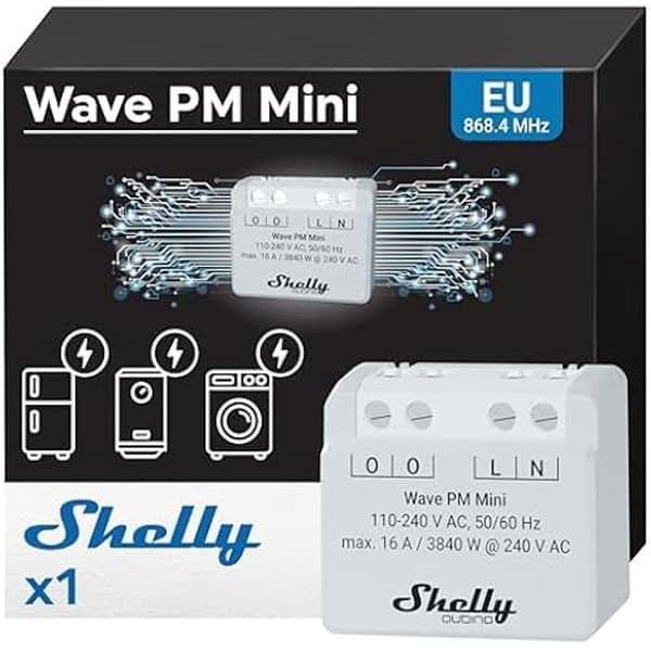Shelly Wave PM Mini | Mikromodul Z-Wave energiförbrukningsmätare | 1 kanal 16A | Lång trådlös räckvidd | Z-Wave nav