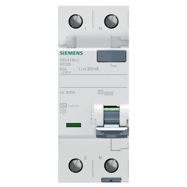 Strömbrytare - Siemens strömbrytare tillbehör - 5SV4316-0 - AVBRYTARE DIFERENSIAL 5SV, 70MM, CLASE AC, 2 POLOS, 63A, 30MA