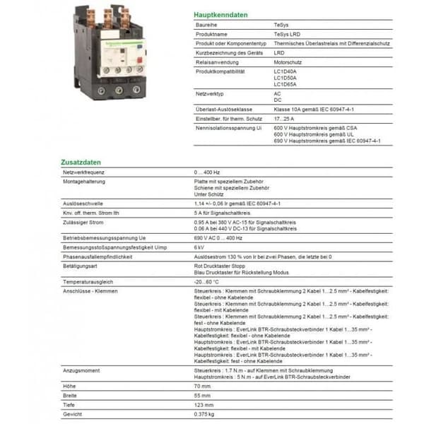 Schneider Electric Lrd Differentialskydd Termiskt överbelastningsrelä, klass 10 A, 690 Vac, 0 400 Hz, 17 25 ampere - LR