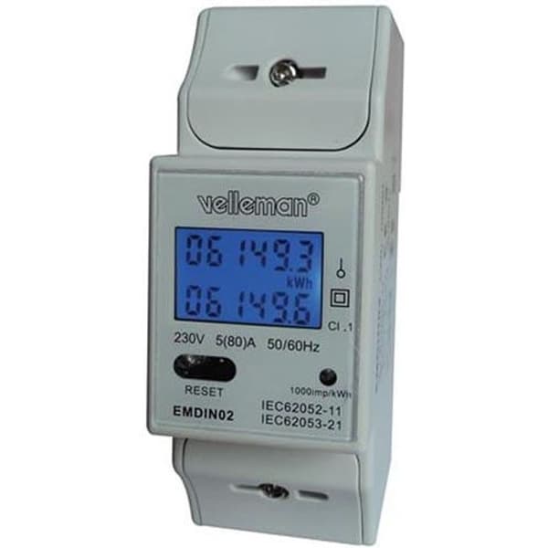 Energimätare - Enfas - DIN-skena - Bakgrundsbelyst LCD - Klass 1 noggrannhet - 100x35x60 mm