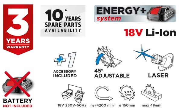 Energy+ 18V akku rundsav, Li-Ion, 150 x 10 mm klinge, uden batteri