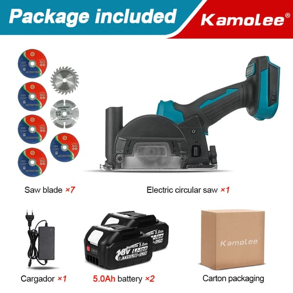 Kamolee Elektrisk Cirkelsåg, Kompakt 3-tums Design, Borstlös Motor,2x5,0Ah batteri, EU