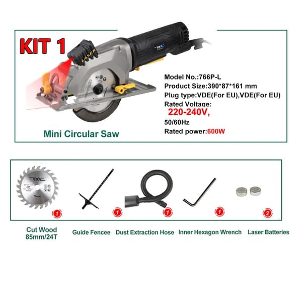 Elektrisk Mini Cirkelsåg, 600W Effekt, 3300rpm Hastighet,EU, KIT 1