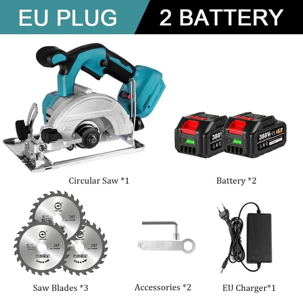 125 mm Harjaton Sähkösirkkeli, Korkea Tyhjönopeus 11000 rpm, Säädettävä Leikkauskulma,2 Akun EU Plug