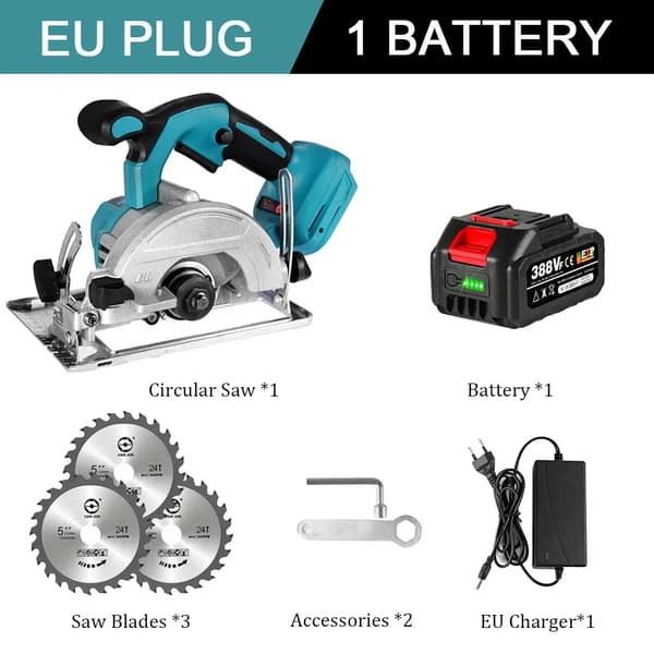 125 mm Harjaton Sähkösirkkeli, Korkea Tyhjönopeus 11000 rpm, Säädettävä Leikkauskulma,1 Akun EU Plug