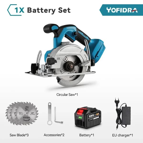 YOFIDRA Cirkelsåg, Borstlös Motor, Justerbar Skärvinkel,1-928VF Batteri