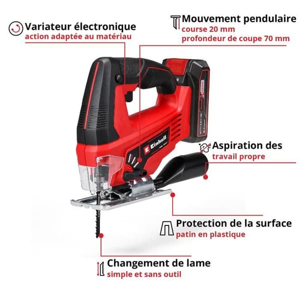 Einhell Sladdlös sticksåg TC-JS 18/70 Li Kit (18V, skärdjup 70 mm) Levereras med batteri 2,5Ah och laddare