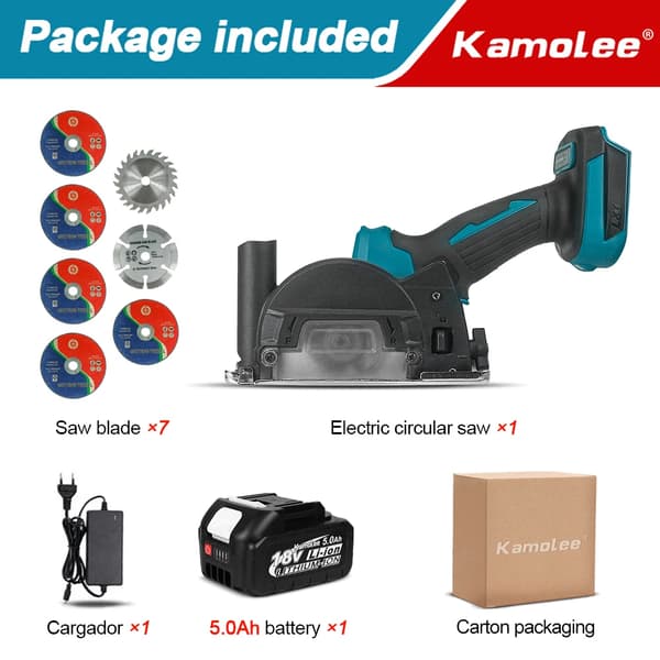 Borstlös elektrisk cirkelsåg, kompakt 3-tumsdesign, inkluderar 2x5,0Ah batterier,1x5,0Ah batteri, EU