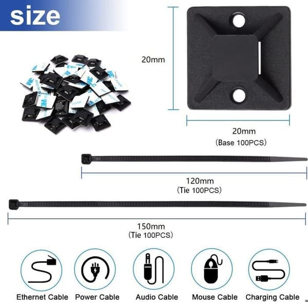 200 stycken Kablageband 120mm/150mm och 100 stycken självhäftande baser - Kablageband - Självhäftande Kablageband - Svart - För kabelhantering