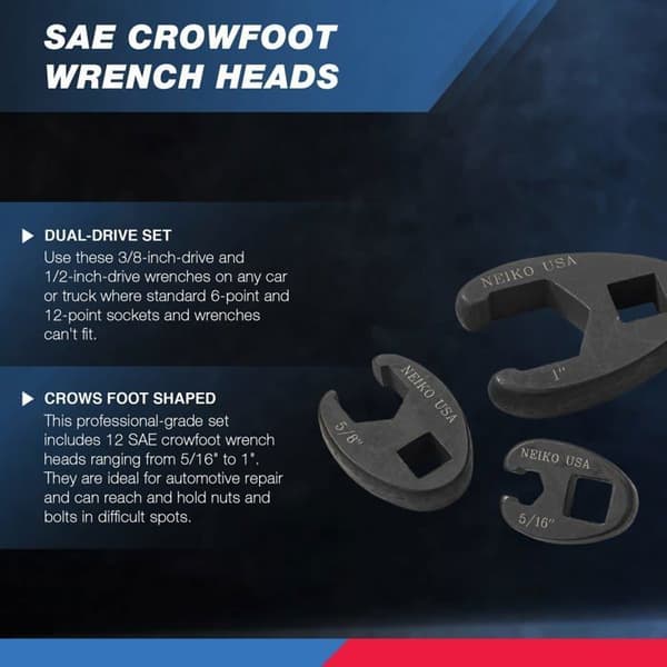 Neiko - 03323A - (R)03323A 3/8" och 1/2" Drive SAE Crowfoot skiftnyckelsats, Cr-Mo, | Set med 12 delar
