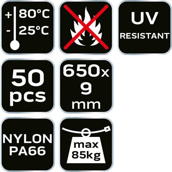 EXTREME nippusiteet 9,0 × 650 mm, musta, 50 kpl.