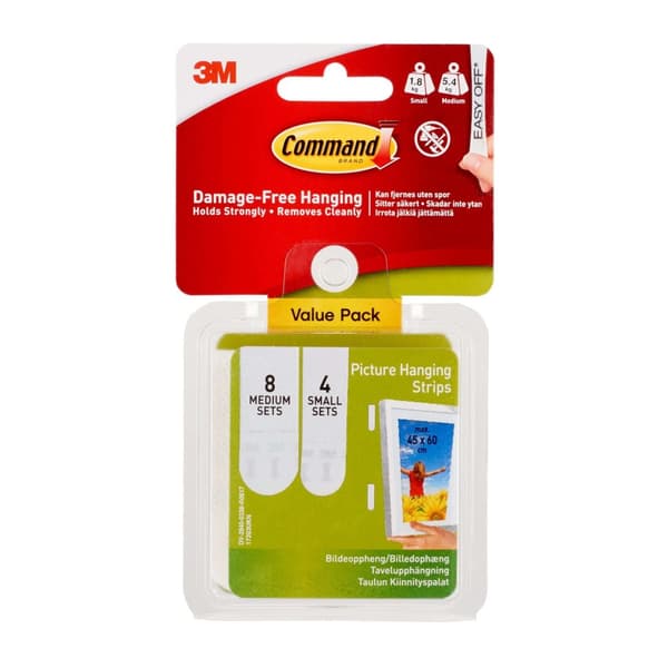 3M Command Adhesive Strips for Picture Hanging Value Pack, sett middels, 4 sett små, hvite