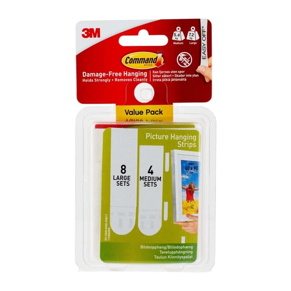 3M Command Klæbestrips til Billedophæng Value Pack, 4 sæt mellem, 8 sæt store, hvid