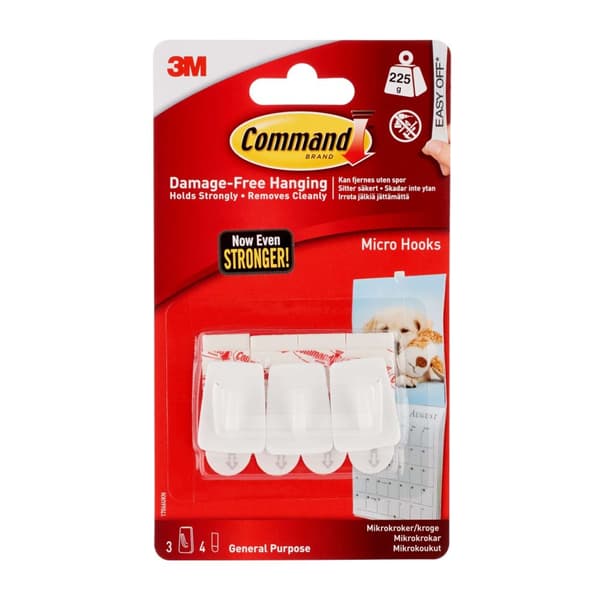 3M Command Mikrokrokar 3 krokar, 4 självhäftande strips, Vit