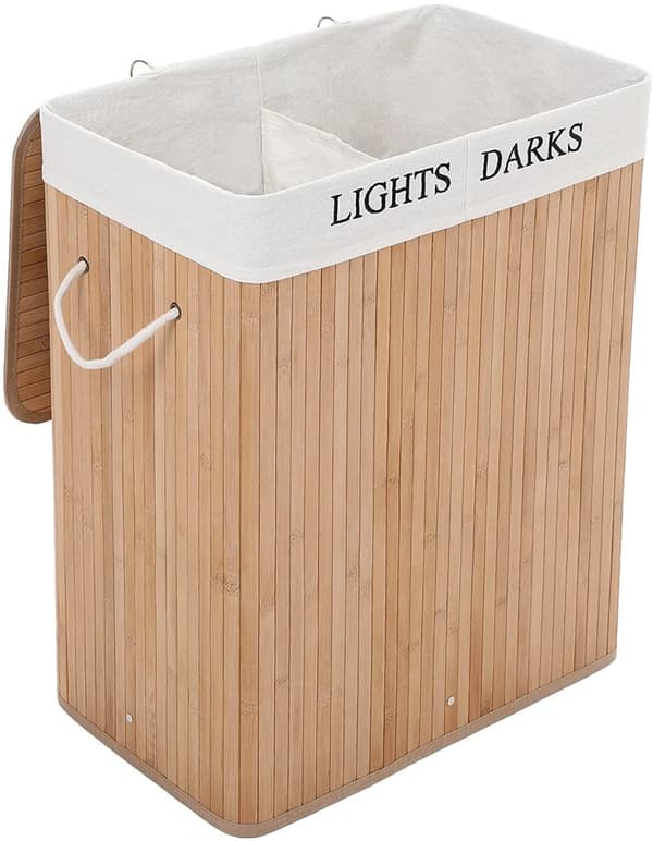 XXL Bambu Tvättkorg 100L med 2 fack, avtagbart tvättbart tygpåse