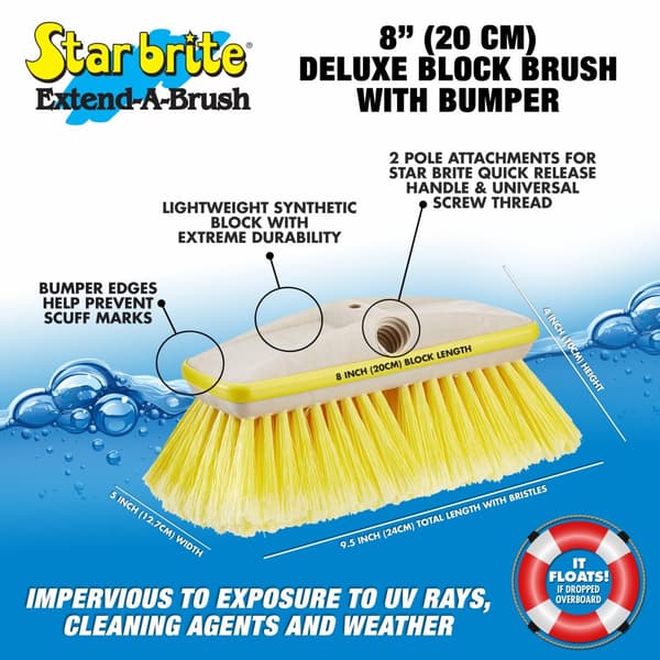 Båtborste med stötskydd Star Brite Deluxe Block Brush with Bumper, Extend-A-Brush-anslutning &amp; gängad, mjuk, 20 cm, gul