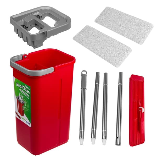 Platt mopp + hink + teleskopstång + 2 x mikrofiberdyna 5,7L Golvrengöring XXL Set Roterande huvud