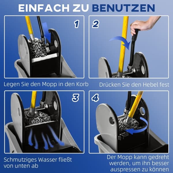 Rootz industriell rengöringsvagn - Vaktmästarvagn - Mopphink - 36L Kapacitet - Vattenavskiljare - Hjul utan märkning - Plast och metall - 54cm x 41,5c