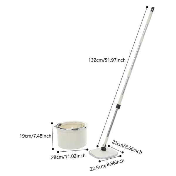 Spin Mop Set, Justerbart Handtag, 360° Rotterande Mopphuvuden,VIT