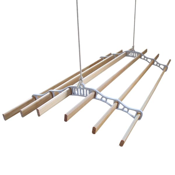 Takhängd Tvättställning - Vit - 1,4 m | Torkställning i Trä Torkhiss Takmonterad Snedtak Horisontellt Tak Hängande Modern Design Stilren Vit Beige