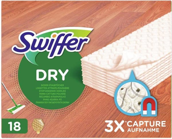 Swiffer tørservietter "Wood & Parket", refill-pakke - holder 3x mere støv end en kost, special - 18 stykker (5413149232754)