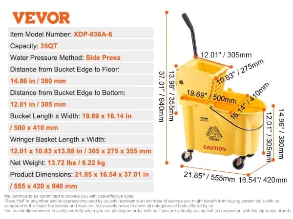 VEVOR Moppbucket, 26QT kapacitet, sidopressvredare,35QT