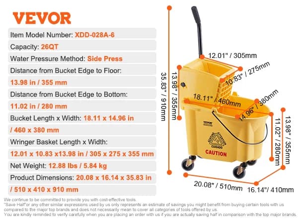 VEVOR Mop Bucket, 26QT Kapacitet, Side Press Vridning,26QT