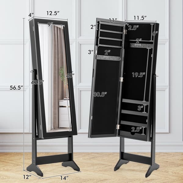 Smyckesskåp, Nytt Speglad Smyckesskåp Armoire Spegel Organisatör Förvaringsbox Ring m/ Ställ, 13x145x56 tum, Svart