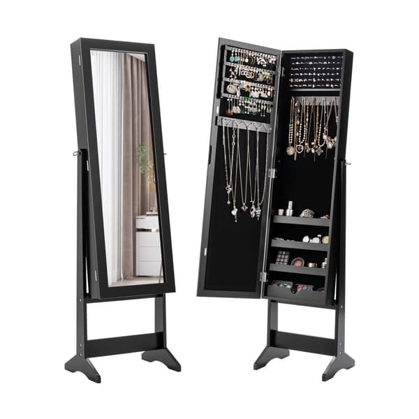 Smyckesskåp, Nytt Speglad Smyckesskåp Armoire Spegel Organisatör Förvaringsbox Ring m/ Ställ, 13x145x56 tum, Svart