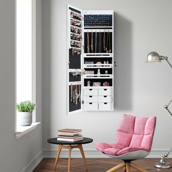 Smyckesskåp, 5 LED-låsbart spegel-smyckesskåp med 6 lådor, 14.5x4.5x47.5 tum, Vit