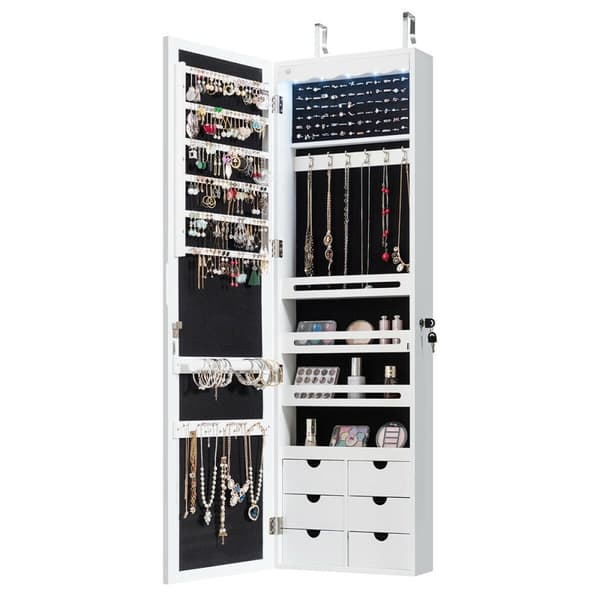 Smyckesskåp, 5 LED-låsbart spegel-smyckesskåp med 6 lådor, 14.5x4.5x47.5 tum, Vit