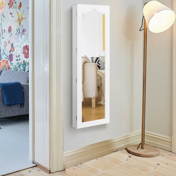 Smyckesskåp, 5 LED-låsbart spegel-smyckesskåp med 6 lådor, 14.5x4.5x47.5 tum, Vit