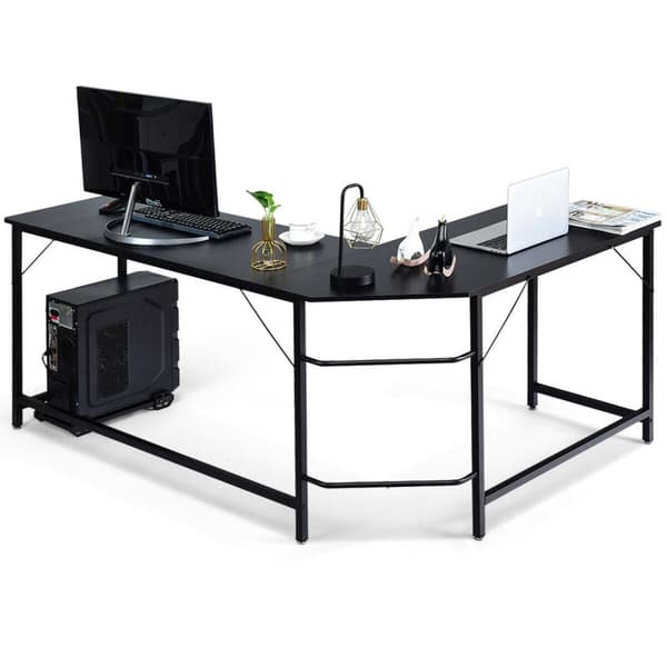 Hörn-datorskrivbord med CPU-stativ, 168x125x74 cm, Svart/Kaffe/Natur