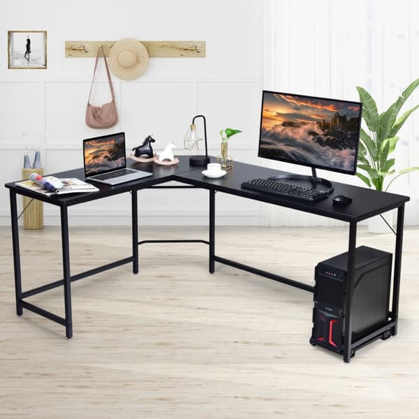 Hörn-datorskrivbord med CPU-stativ, 168x125x74 cm, Svart/Kaffe/Natur