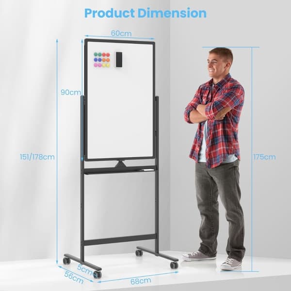 Mobil Whiteboard, 68x56x159-178,5 cm, Sort