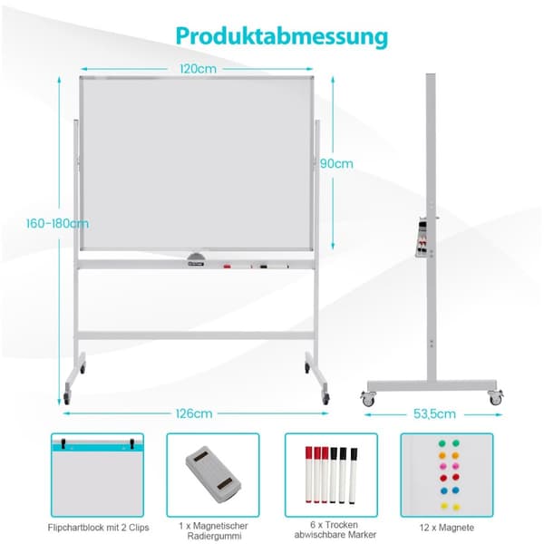 Whiteboard, 126x53,5x160-180 cm