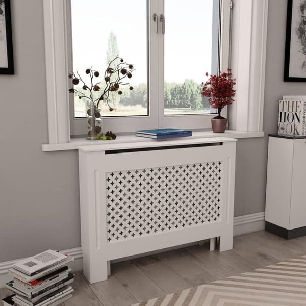 vidaXL Lämpöpatterin suojat 2 kpl valkoinen 112x19x81,5 cm MDF