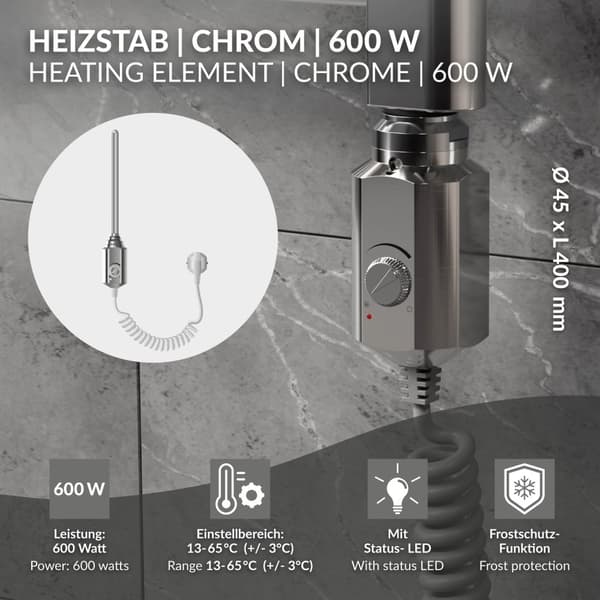 Lämmityselementti 600W kromi termostaatilla kylpyhuoneen pattereille