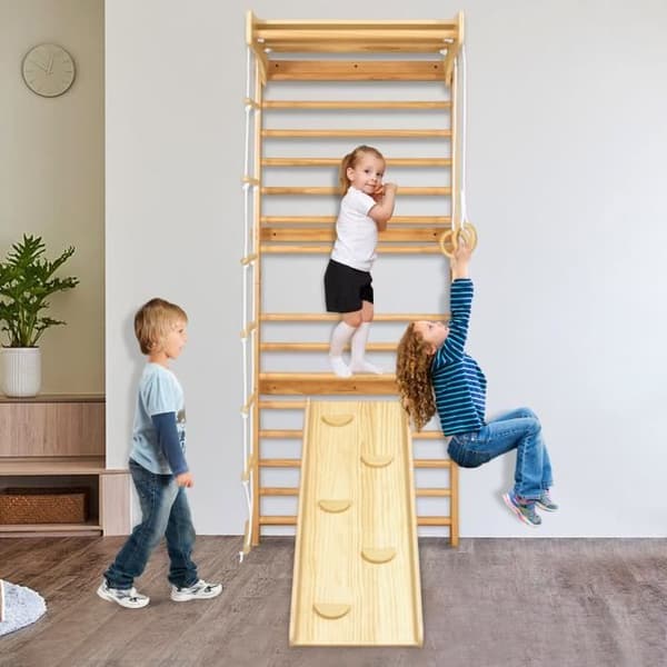 XMTECH Väggklätterställning för gymnastik i trä, med Pull Up Bar, klättervägg, rutschkana och gymnastikringar