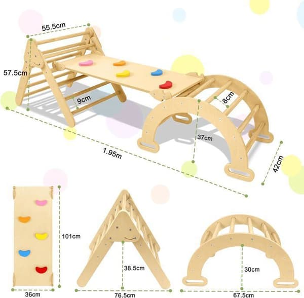 YUENFONG Klätterställning 3 i 1 Naturträ Vikbar klättertriangel med rutschkana och klätterbåge Stabil belastning 40 kg