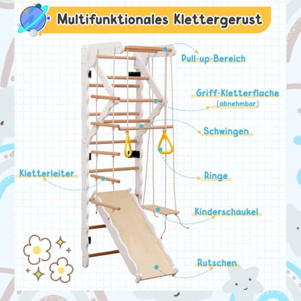 6 Kombinera 1 Mångsidig klättringsram, väggstänger, plywood, massivt trä, bok. 50kg.