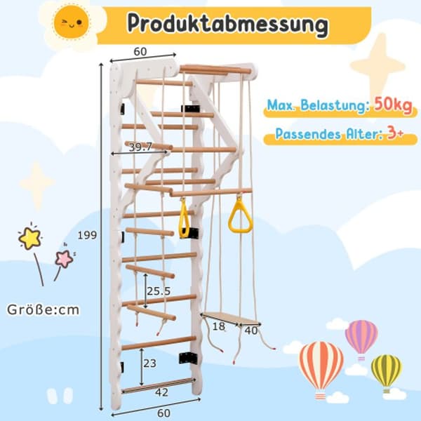 6 Kombinera 1 Mångsidig klättringsram, väggstänger, plywood, massivt trä, bok. 50kg.